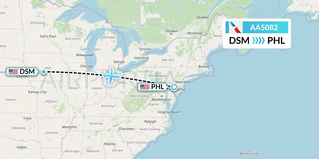 AA5082 American Airlines Flight Map: Des Moines to Philadelphia