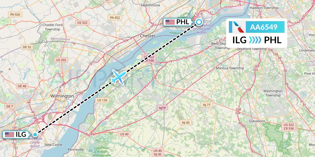 AA6549 American Airlines Flight Map: Wilmington to Philadelphia