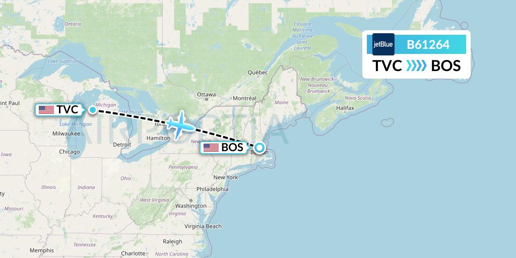 B61264 JetBlue Airways Flight Map: Traverse City to Boston