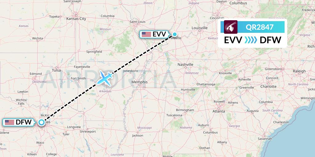 QR2847 Qatar Airways Flight Map: Evansville to Dallas
