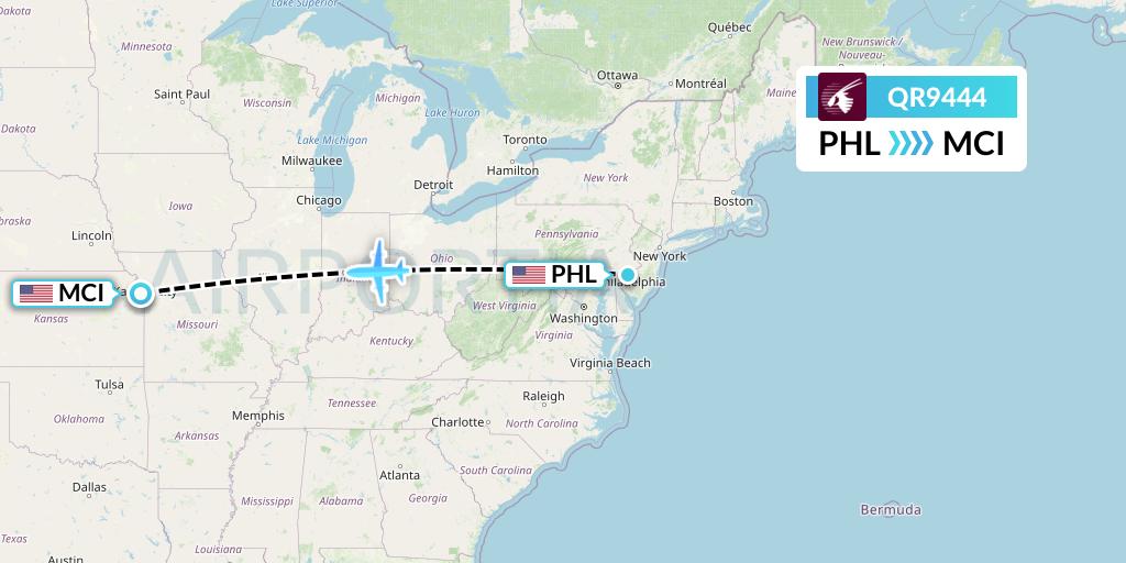 QR9444 Qatar Airways Flight Map: Philadelphia to Kansas City