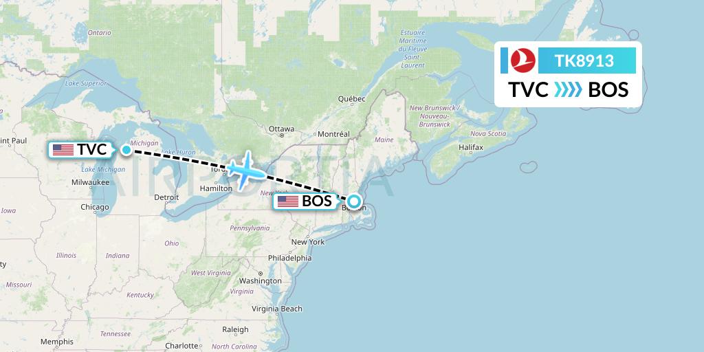 TK8913 Turkish Airlines Flight Map: Traverse City to Boston