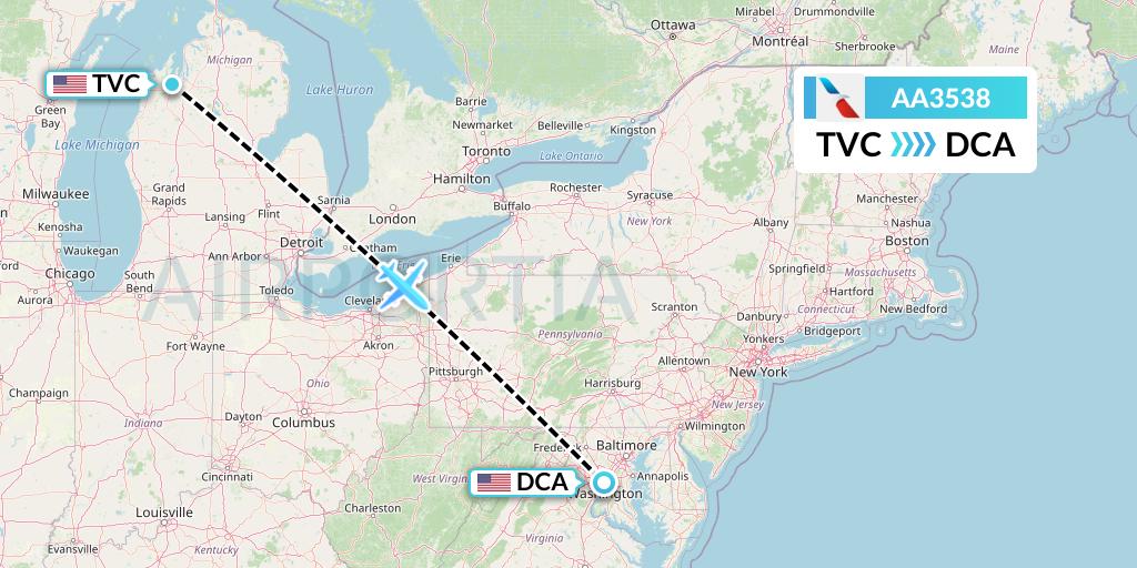 AA3538 American Airlines Flight Map: Traverse City to Washington