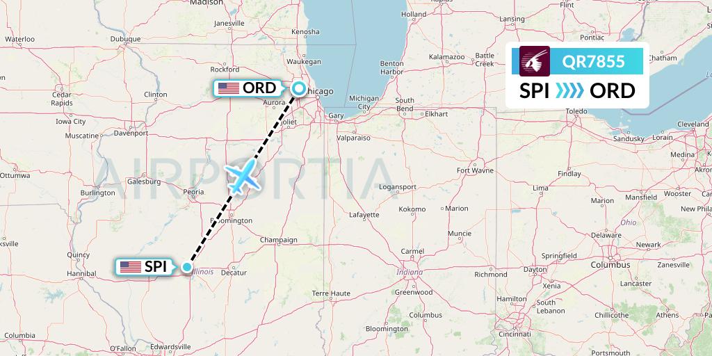 QR7855 Qatar Airways Flight Map: Springfield to Chicago