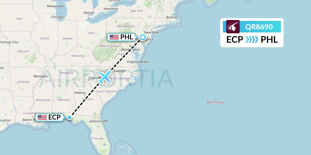 QR8690 Qatar Airways Flight Map: Panama City to Philadelphia