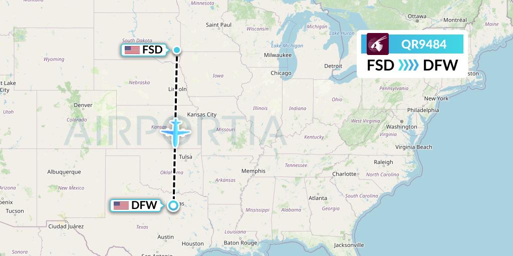 QR9484 Qatar Airways Flight Map: Sioux Falls to Dallas