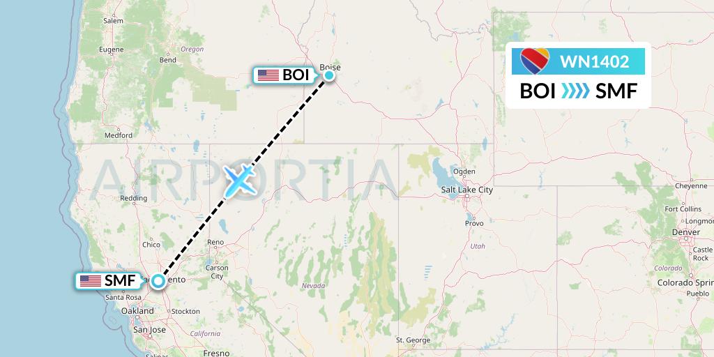 WN1402 Southwest Airlines Flight Map: Boise to Sacramento