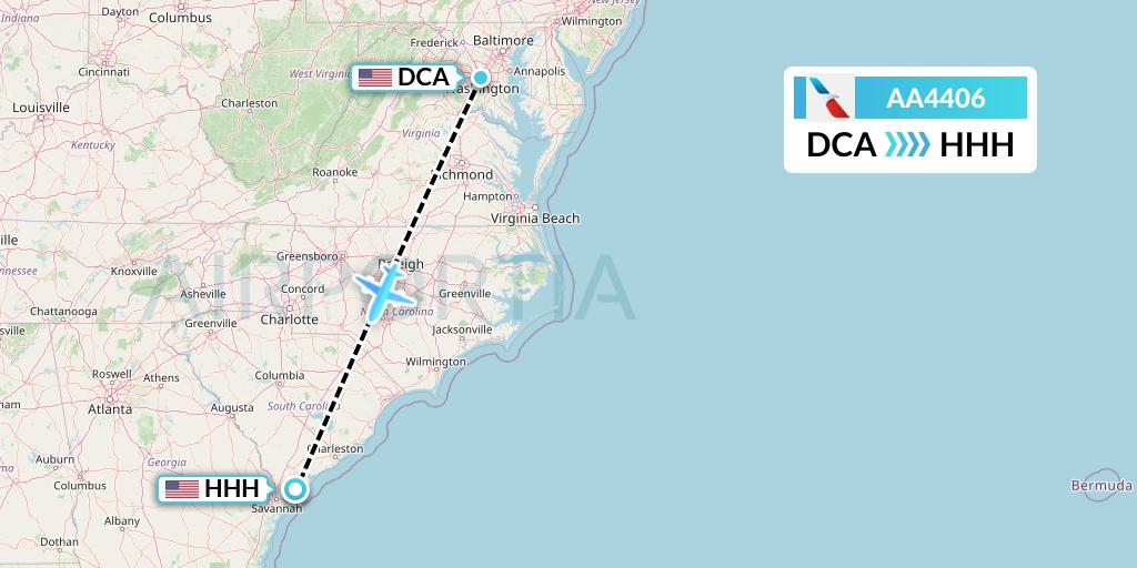 AA4406 American Airlines Flight Map: Washington to Hilton Head Island