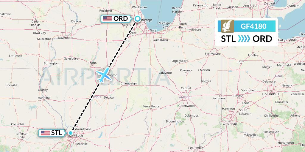 GF4180 Gulf Air Flight Map: St. Louis to Chicago