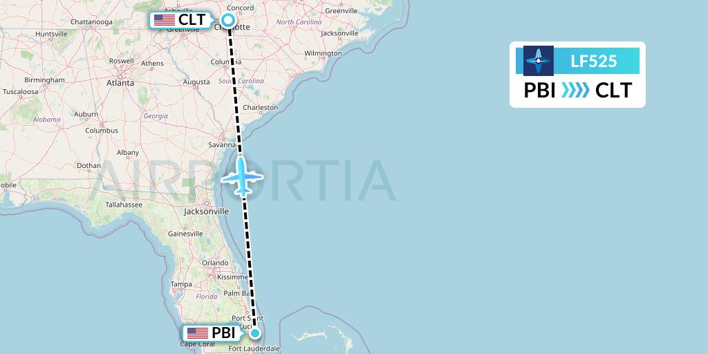 LF525 Corporate Flight Management Flight Map: West Palm Beach to Charlotte