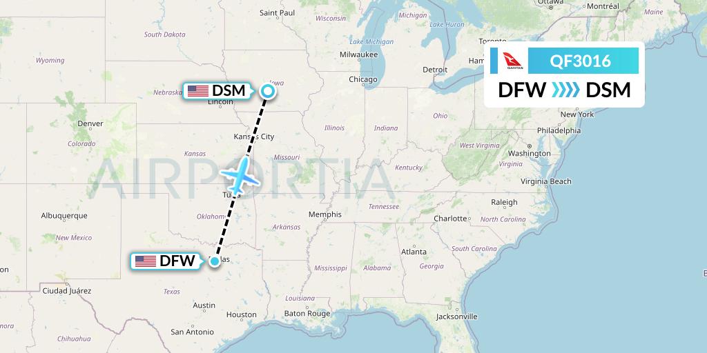 QF3016 Qantas Flight Map: Dallas to Des Moines