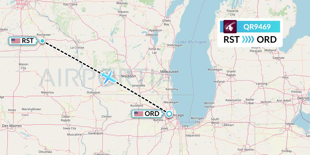 QR9469 Qatar Airways Flight Map: Rochester to Chicago