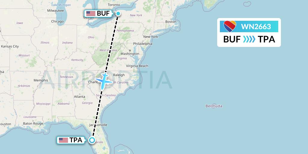WN2663 Southwest Airlines Flight Map: Buffalo to Tampa
