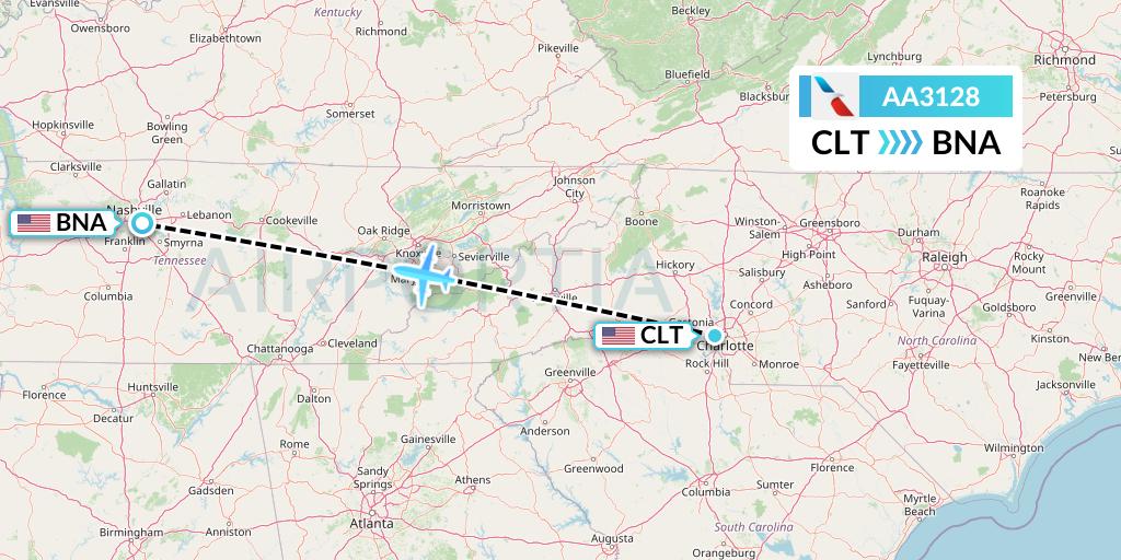 AA3128 American Airlines Flight Map: Charlotte to Nashville