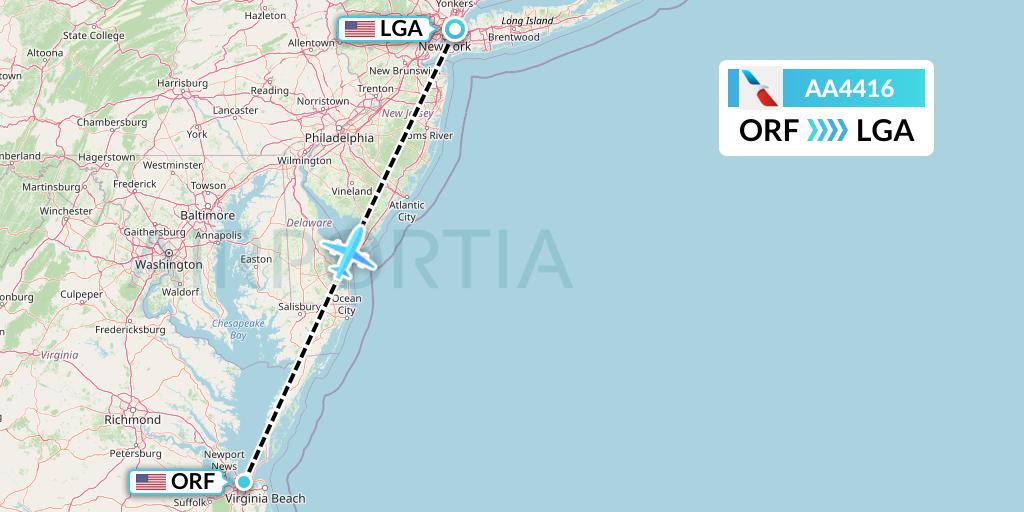 AA4416 American Airlines Flight Map: Norfolk to New York