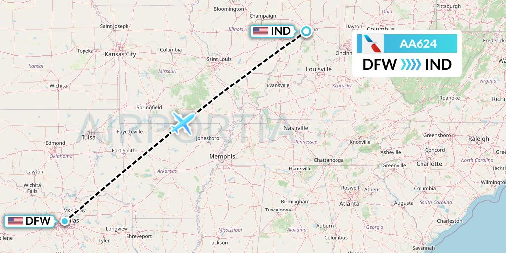 AA624 American Airlines Flight Map: Dallas to Indianapolis