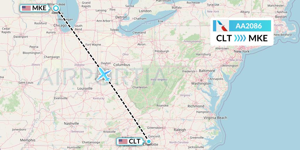 AA2086 American Airlines Flight Map: Charlotte to Milwaukee