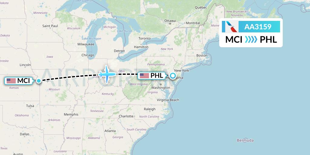 AA3159 American Airlines Flight Map: Kansas City to Philadelphia