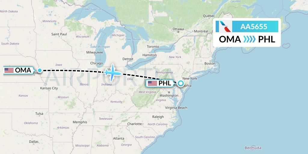 AA5655 American Airlines Flight Map: Omaha to Philadelphia