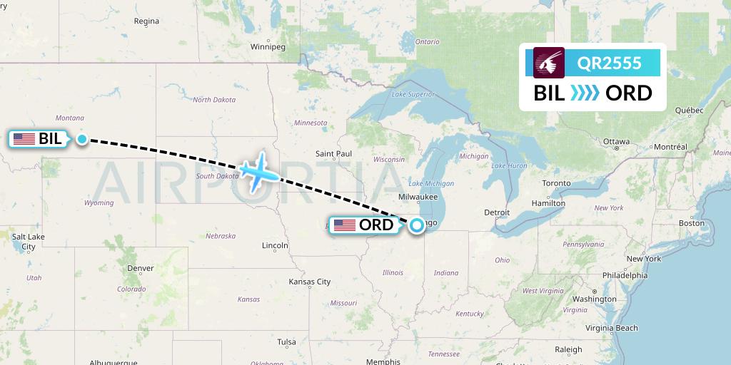 QR2555 Qatar Airways Flight Map: Billings to Chicago