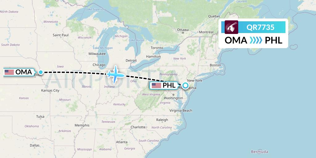 QR7735 Qatar Airways Flight Map: Omaha to Philadelphia