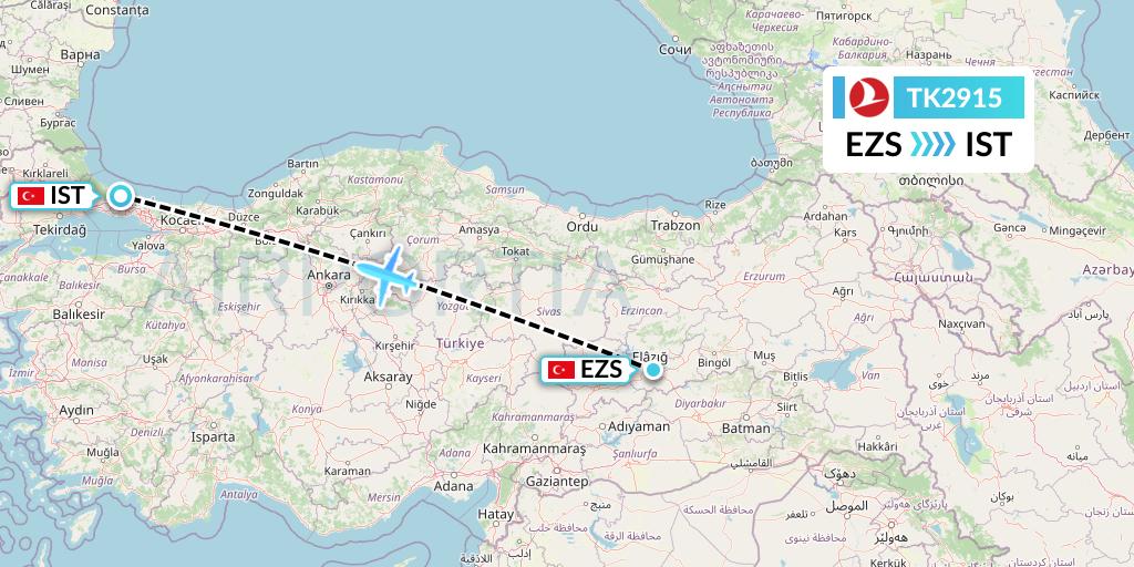 TK2915 Turkish Airlines Flight Map: Elazig to Istanbul