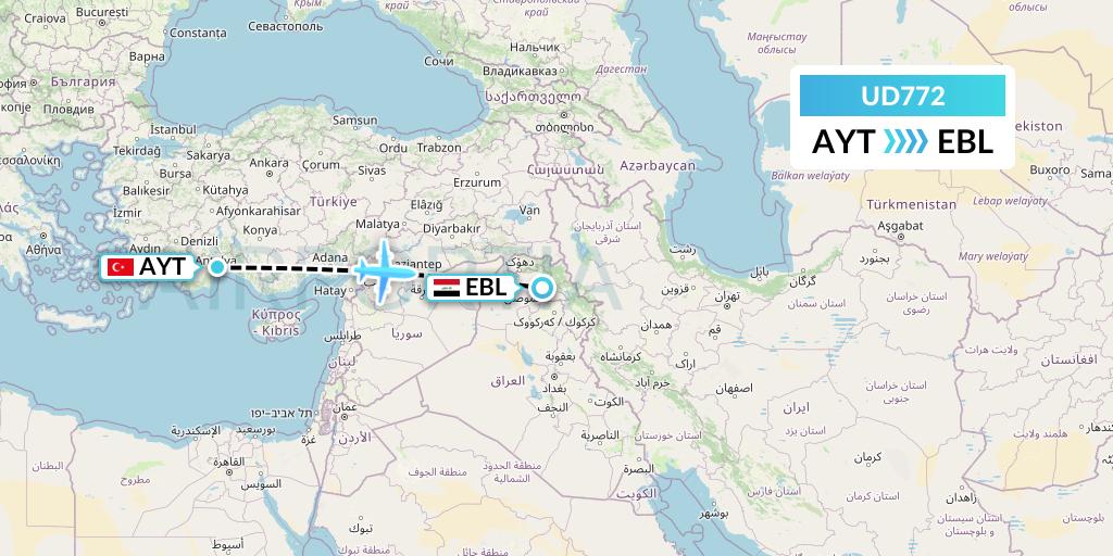 UD772 UR Airlines Flight Map: Antalya to Arbil