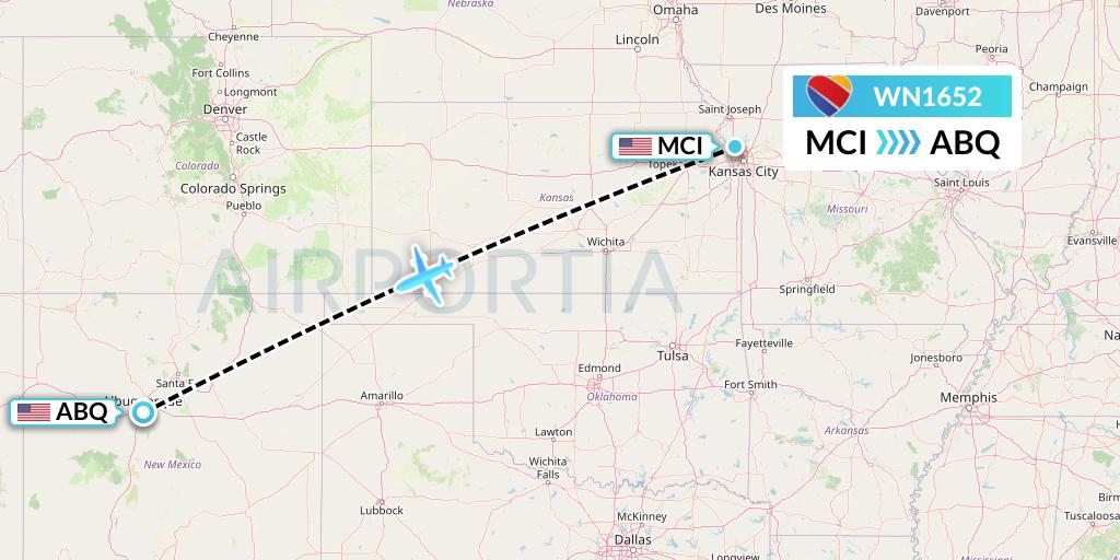 WN1652 Southwest Airlines Flight Map: Kansas City to Albuquerque