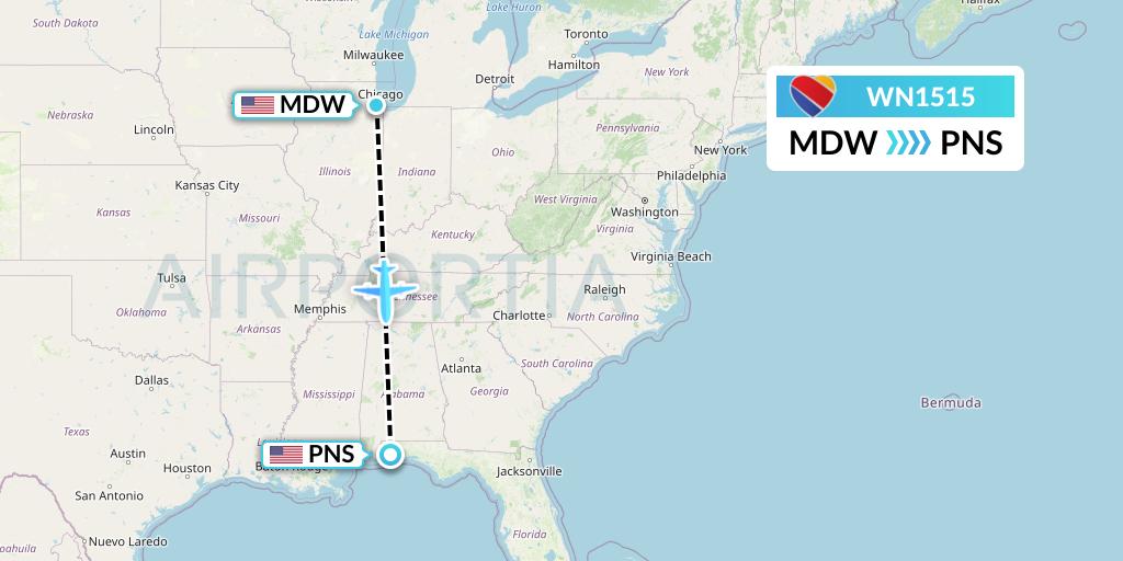 WN1515 Southwest Airlines Flight Map: Chicago to Pensacola