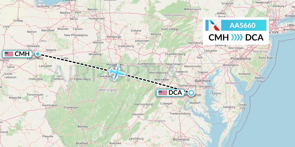 AA5660 American Airlines Flight Map: Columbus to Washington