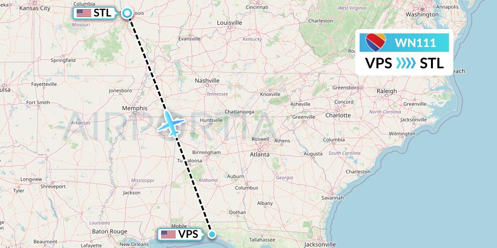 WN111 Southwest Airlines Flight Map: Valparaiso to St. Louis