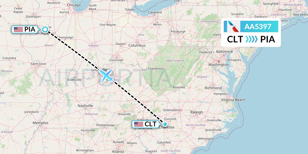 AA5397 American Airlines Flight Map: Charlotte to Peoria