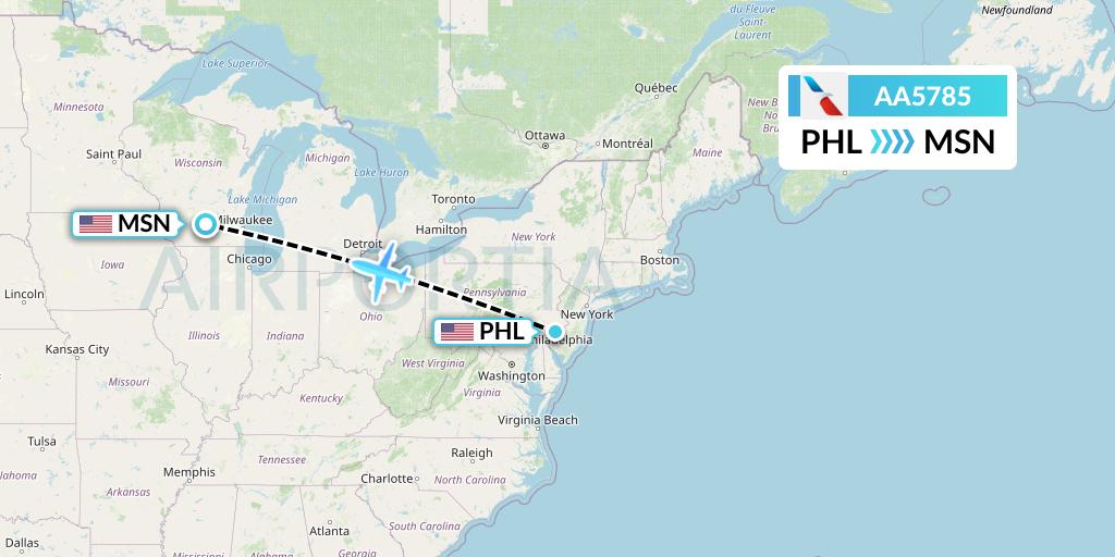 AA5785 American Airlines Flight Map: Philadelphia to Madison