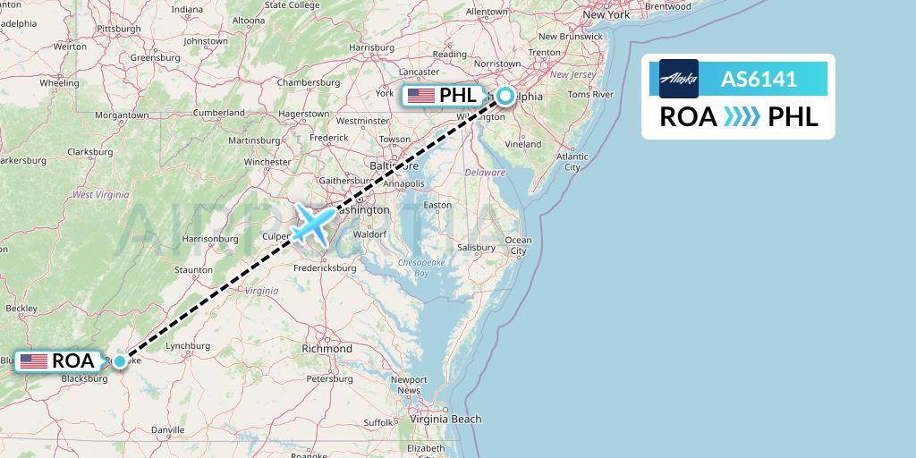 AS6141 Alaska Airlines Flight Map: Roanoke to Philadelphia