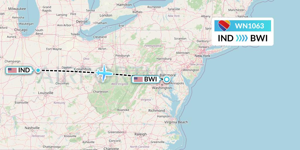WN1063 Southwest Airlines Flight Map: Indianapolis to Baltimore