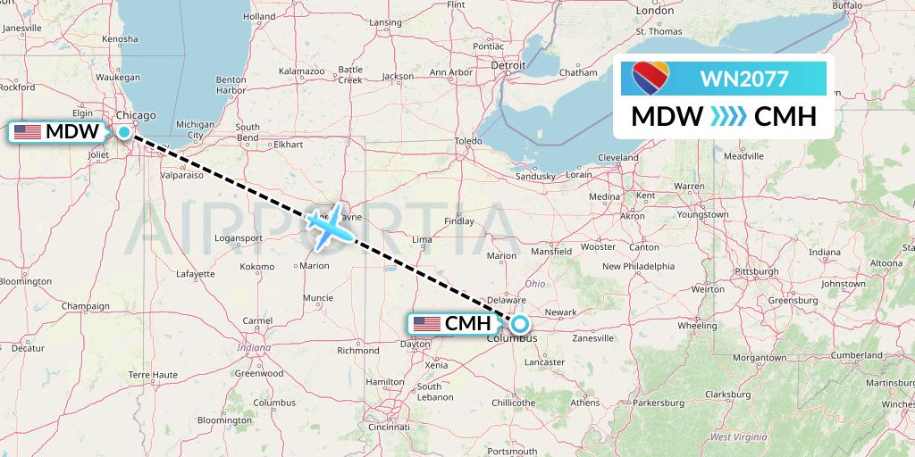 WN2077 Southwest Airlines Flight Map: Chicago to Columbus