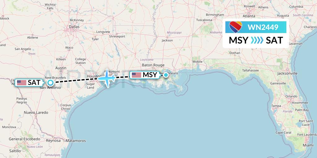 WN2449 Southwest Airlines Flight Map: New Orleans to San Antonio