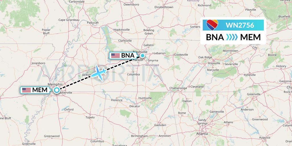 WN2756 Southwest Airlines Flight Map: Nashville to Memphis