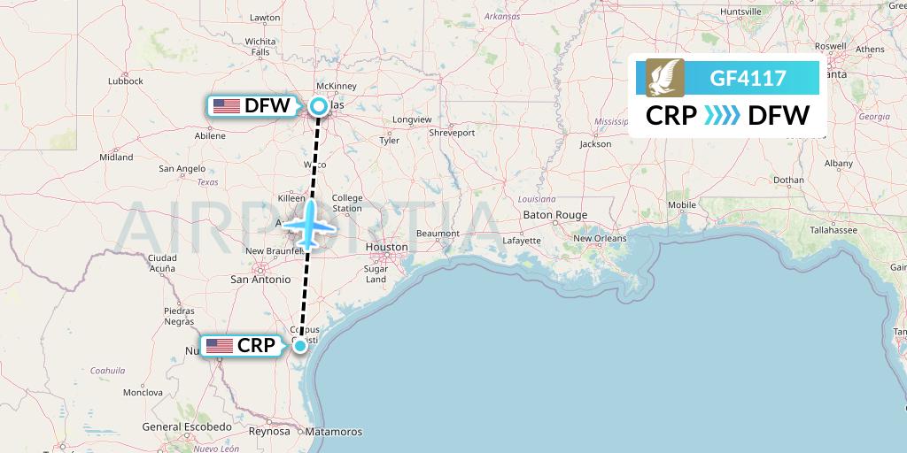 GF4117 Gulf Air Flight Map: Corpus Christi to Dallas