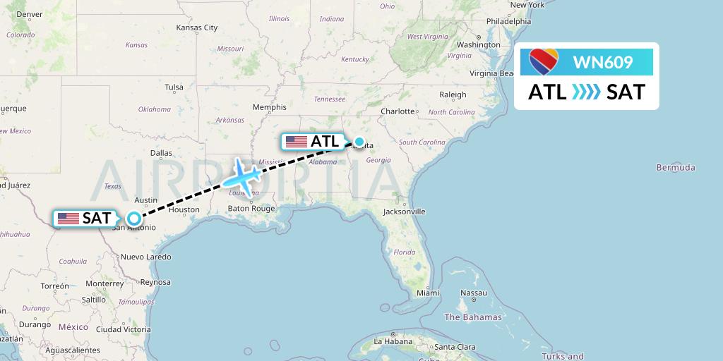 WN609 Southwest Airlines Flight Map: Atlanta to San Antonio