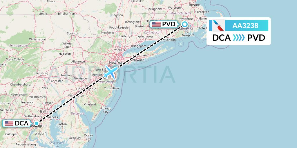 AA3238 American Airlines Flight Map: Washington to Providence