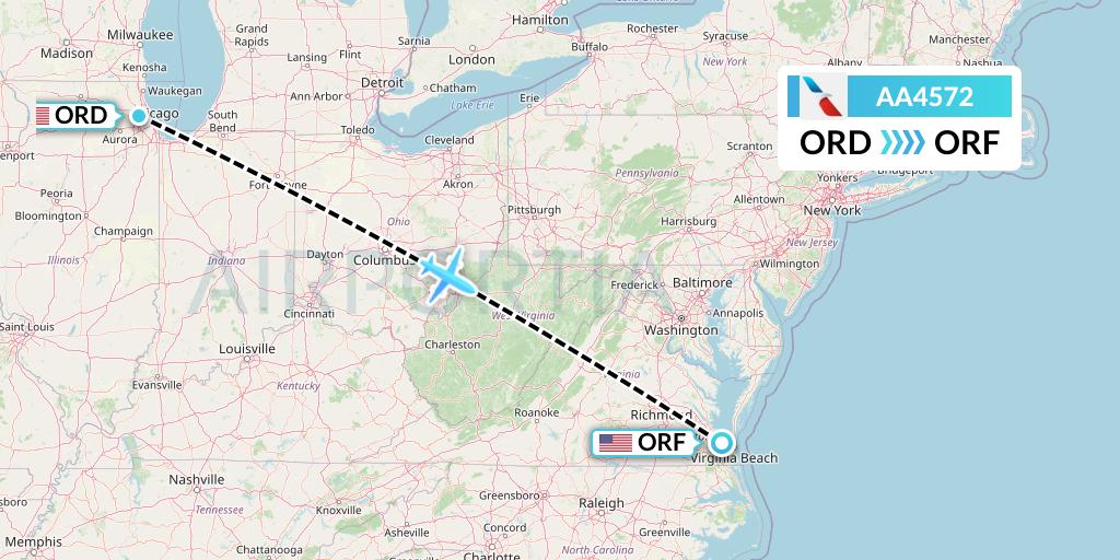AA4572 American Airlines Flight Map: Chicago to Norfolk