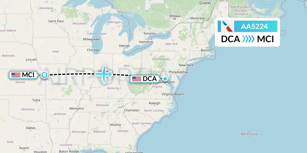 AA5224 American Airlines Flight Map: Washington to Kansas City