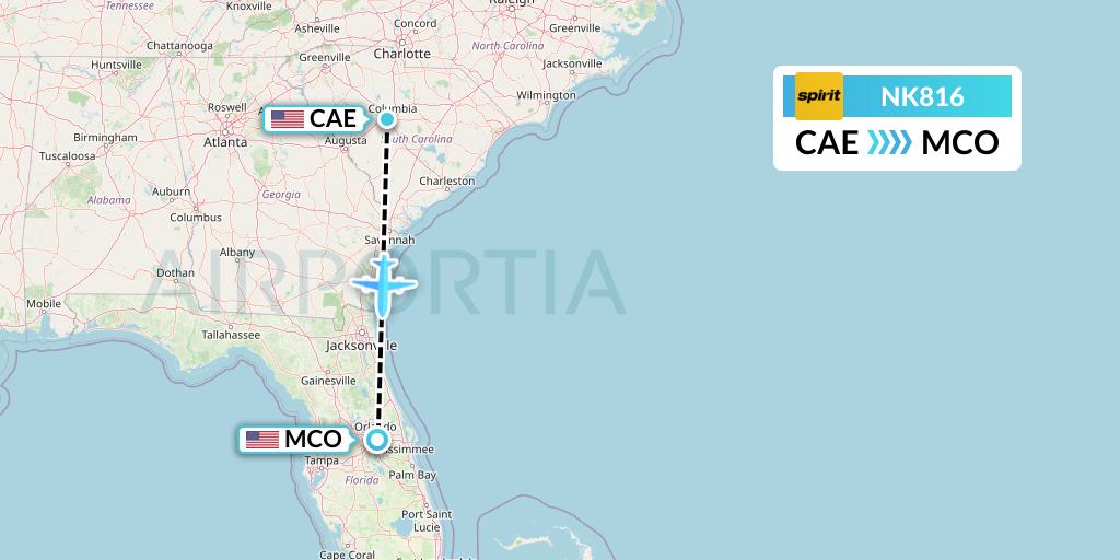 NK816 Spirit Airlines Flight Map: Columbia to Orlando