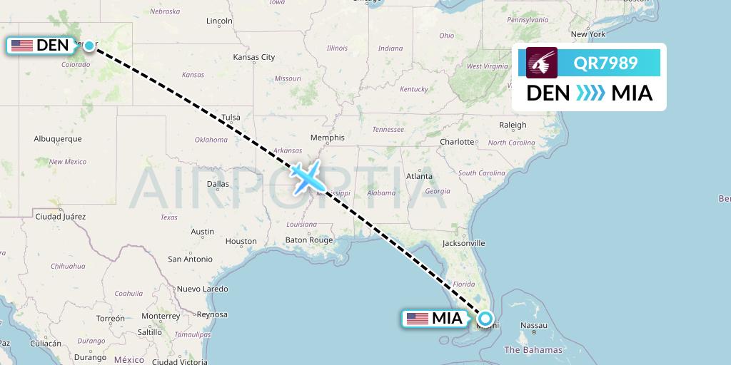QR7989 Qatar Airways Flight Map: Denver to Miami