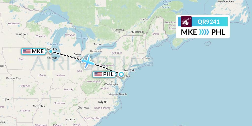 QR9241 Qatar Airways Flight Map: Milwaukee to Philadelphia