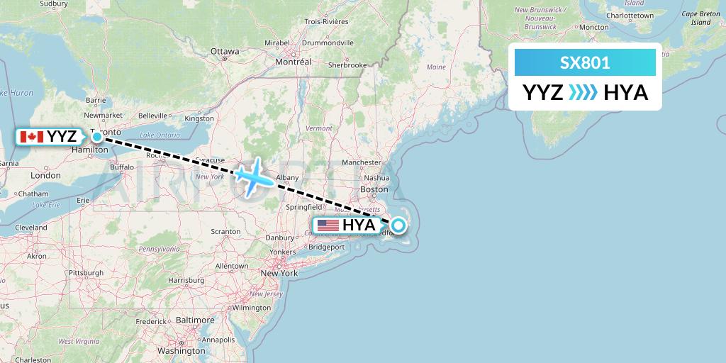 SX801 Flygta Airlines Flight Map: Toronto to Hyannis