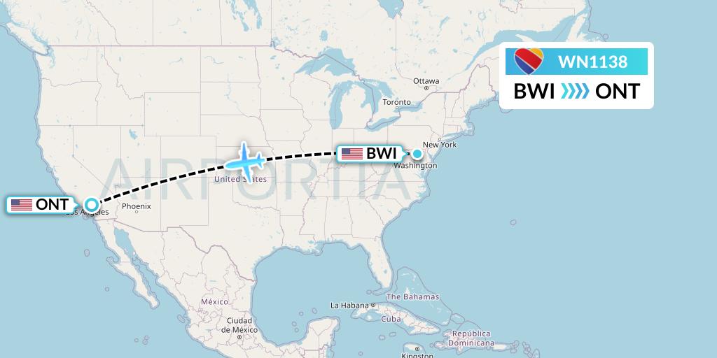 WN1138 Southwest Airlines Flight Map: Baltimore to Ontario