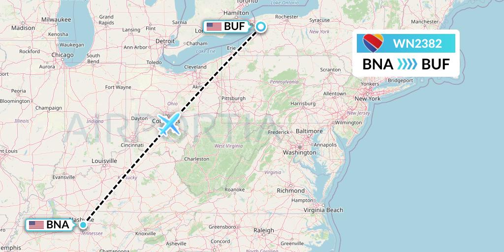 WN2382 Southwest Airlines Flight Map: Nashville to Buffalo