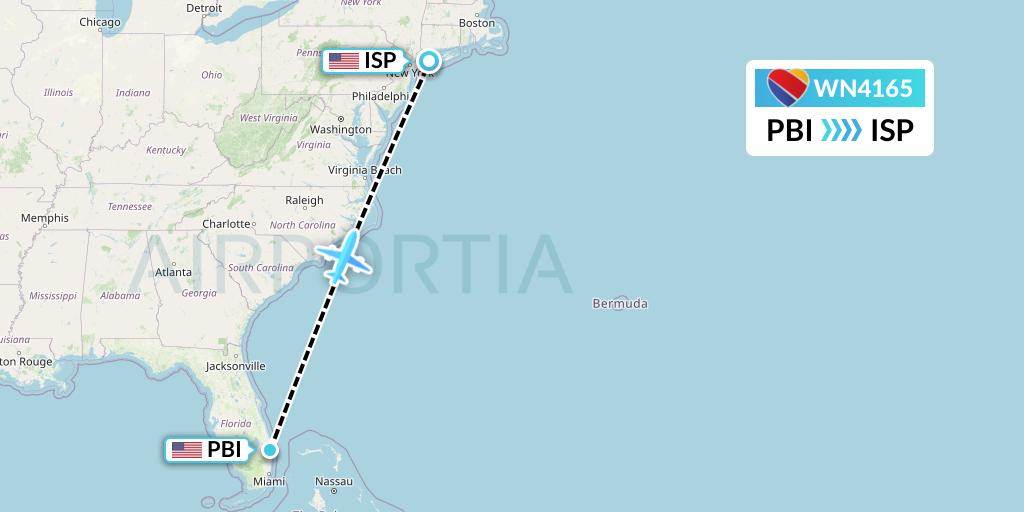 WN4165 Southwest Airlines Flight Map: West Palm Beach to Islip